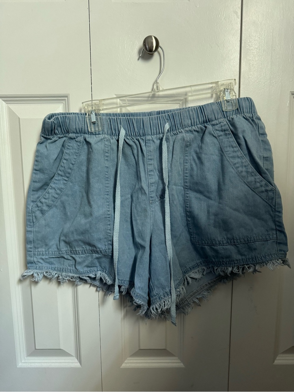Light Blue Drawstring Frayed Hem Women's Shorts